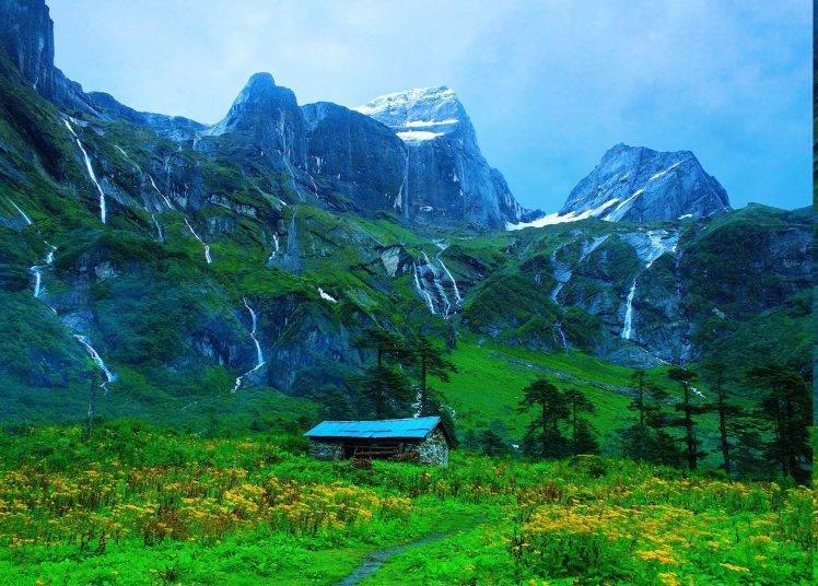 mountain, Valley, Path, Nepal, Himalayas, Snowy Peak, Wildflowers, Trees, Green, Blue, Yellow, Hut, Waterfall, Nature, Landscape HD Wallpaper Desktop Background