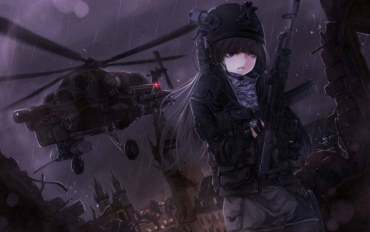anime, Anime Girls, Gun, Helicopters HD Wallpaper Desktop Background