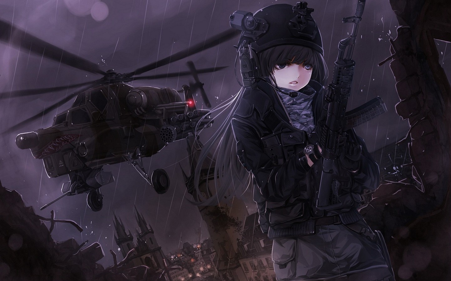 anime, Anime Girls, Gun, Helicopters Wallpaper