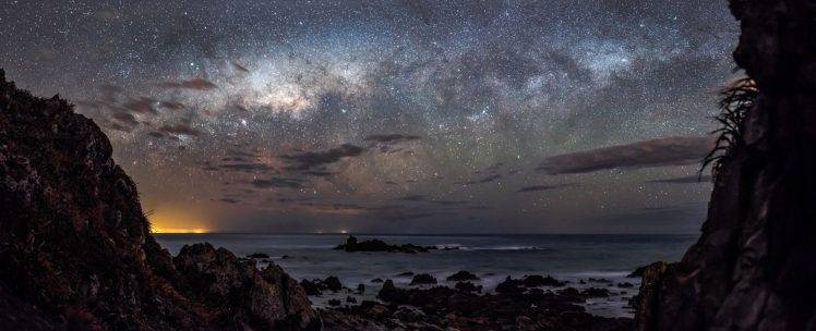 stars, Night, Landscape, Starry Night, Sea, Sunrise, Rock, Clouds, Long Exposure, Galaxy HD Wallpaper Desktop Background