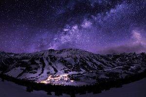 stars, Night, Landscape, Starry Night, Mountain, Snow, Long Exposure, Town, Galaxy