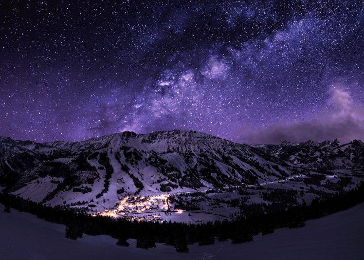 stars, Night, Landscape, Starry Night, Mountain, Snow, Long Exposure, Town, Galaxy HD Wallpaper Desktop Background