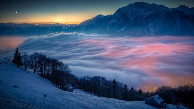 landscape, Nature, Clouds, Mist, Moon, Hut, Snow, Switzerland HD Wallpaper Desktop Background