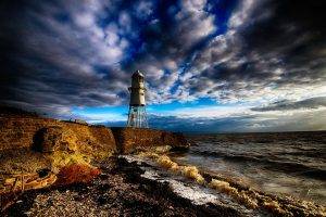 beach, Lighthouse, England, Sea, Clouds, Walls, Coast, Nature, Landscape