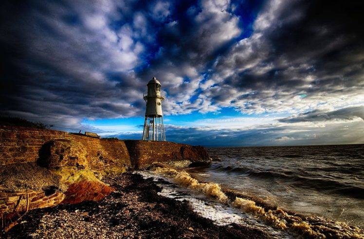 beach, Lighthouse, England, Sea, Clouds, Walls, Coast, Nature, Landscape HD Wallpaper Desktop Background