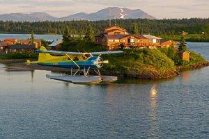 airplane, Aircraft, Landscape, USA, Alaska, Lake, Water, Island, House, Trees, Forest, Mountain, Snow, Rock, Propeller, Clouds, Star Engine