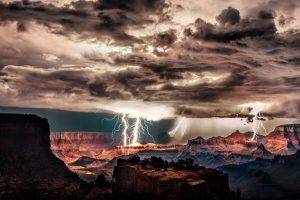 Grand Canyon, Lightning, Storm, Clouds, Night, Cliff, Erosion, Nature, Landscape
