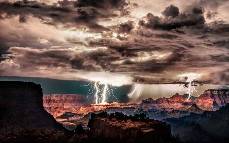 Grand Canyon, Lightning, Storm, Clouds, Night, Cliff, Erosion, Nature, Landscape HD Wallpaper Desktop Background