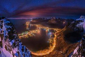 cityscape, Starry Night, Lofoten, Norway, Mountain, Sea, Lights, Snowy Peak, Island, Clouds, Nature, Landscape, Aurorae