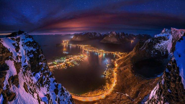 cityscape, Starry Night, Lofoten, Norway, Mountain, Sea, Lights, Snowy Peak, Island, Clouds, Nature, Landscape, Aurorae HD Wallpaper Desktop Background