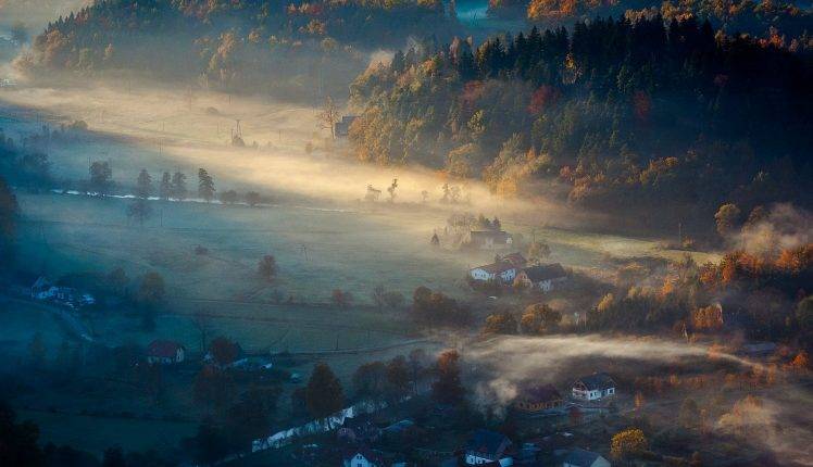 mist, Morning, Sunrise, Village, Forest, Fall, Field, Nature, Landscape HD Wallpaper Desktop Background