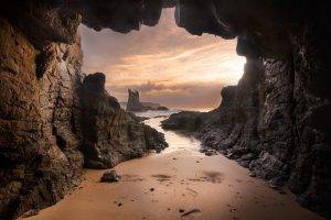 beach, Cave, Australia, Sand, Rock, Sea, Sunset, Clouds, Nature, Landscape