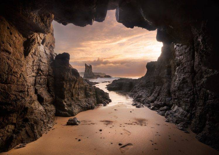 beach, Cave, Australia, Sand, Rock, Sea, Sunset, Clouds, Nature, Landscape HD Wallpaper Desktop Background
