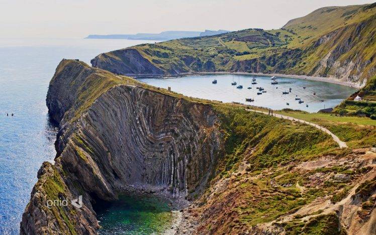 nature, Landscape, Cliff, Lake, Boat, Coast, Coves, England, UK HD Wallpaper Desktop Background