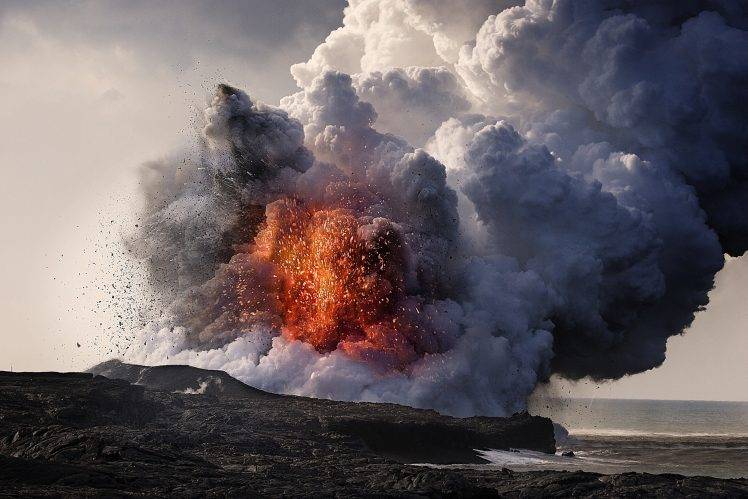 nature, Landscape, Volcano, Eruptions, Hawaii, Lava, Smoke, Ash, Sea, Rock HD Wallpaper Desktop Background