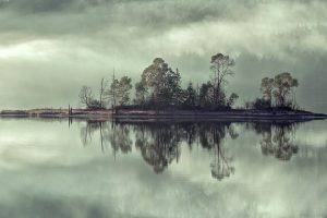 nature, Landscape, Trees, Mist, Forest, Water, Lake, Island, Clouds, Reflection