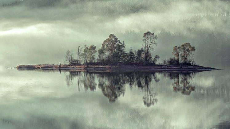 nature, Landscape, Trees, Mist, Forest, Water, Lake, Island, Clouds, Reflection HD Wallpaper Desktop Background