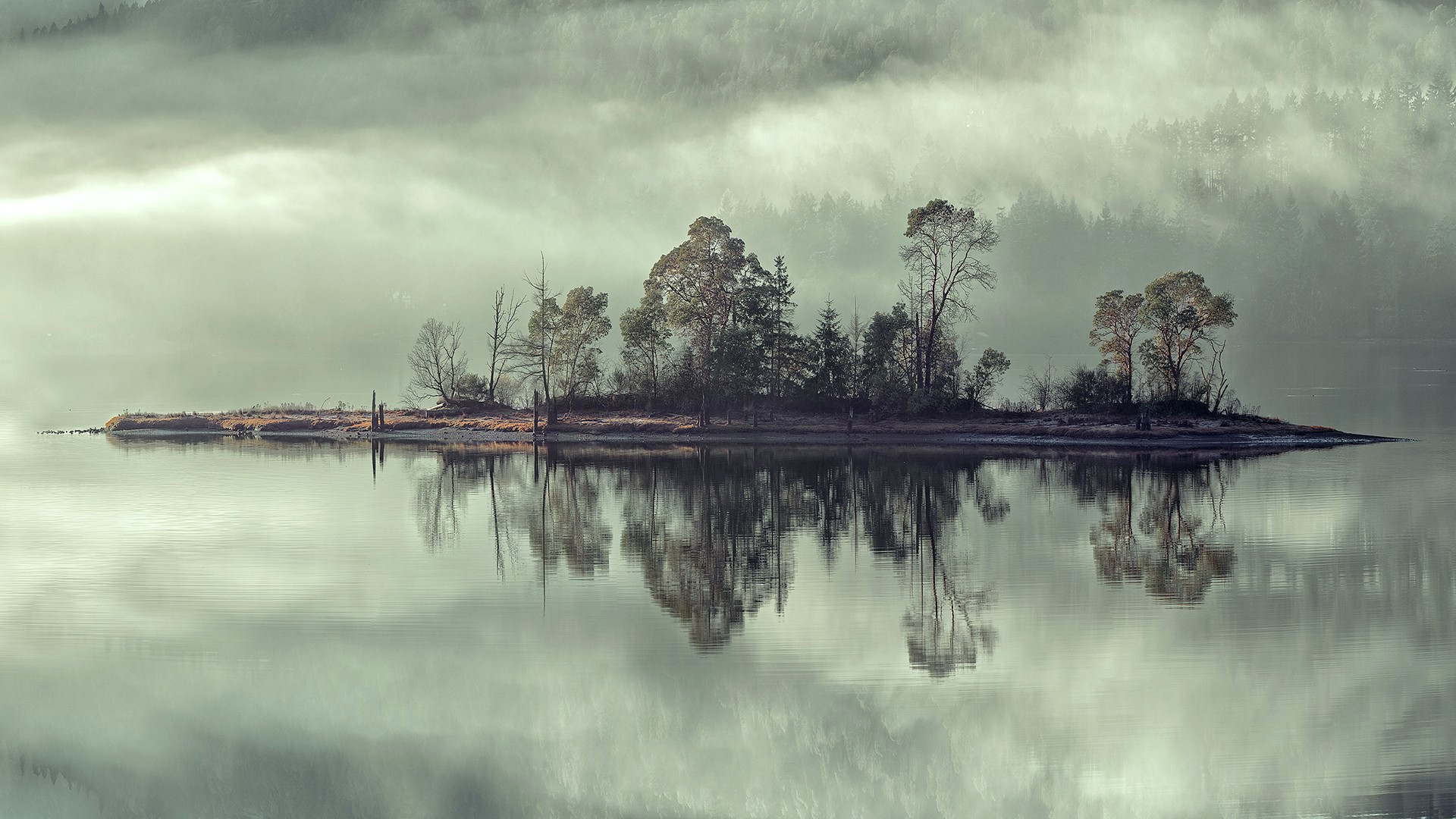 nature, Landscape, Trees, Mist, Forest, Water, Lake, Island, Clouds, Reflection Wallpaper