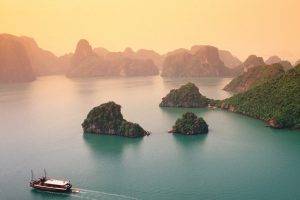 nature, Landscape, Halong Bay, Vietnam, Limestone, Rock, Sea, Island, Beach, Cliff, Boat, Water, Tropical, Mist