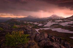 landscape, Nature, Mountain, Lightning, Oregon, Snow, Sunset, Clouds, Snowy Peak, Shrubs, Storm