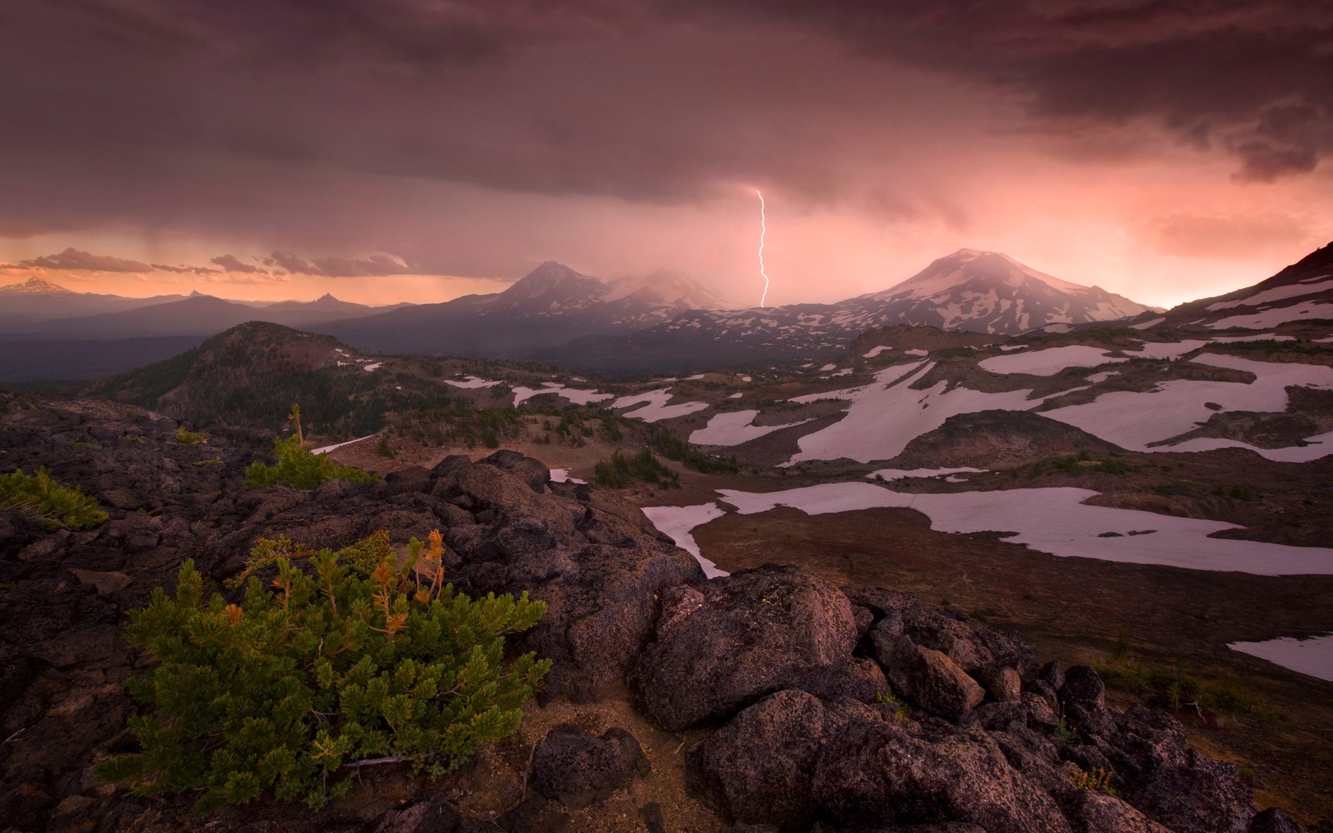 landscape, Nature, Mountain, Lightning, Oregon, Snow, Sunset, Clouds, Snowy Peak, Shrubs, Storm Wallpaper