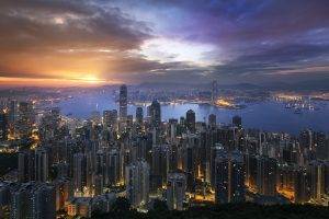landscape, Cityscape, Skyscraper, Building, Sunrise, Lights, Bay, Pier, Hong Kong, Sea, Mountain, Clouds, Urban, Architecture, Modern, Nature