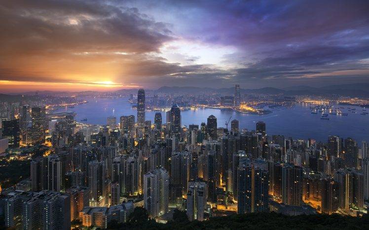 landscape, Cityscape, Skyscraper, Building, Sunrise, Lights, Bay, Pier, Hong Kong, Sea, Mountain, Clouds, Urban, Architecture, Modern, Nature HD Wallpaper Desktop Background