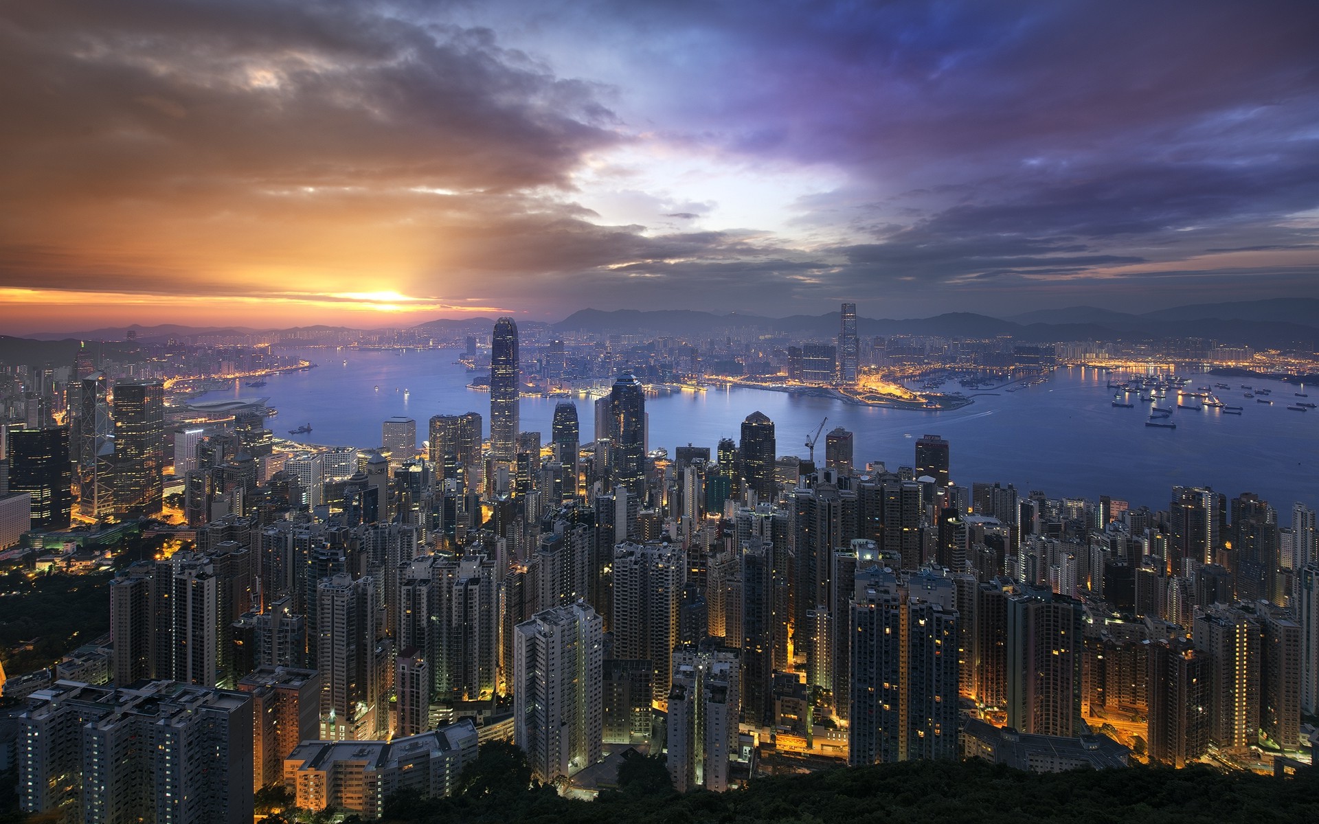 landscape, Cityscape, Skyscraper, Building, Sunrise, Lights, Bay, Pier, Hong Kong, Sea, Mountain, Clouds, Urban, Architecture, Modern, Nature Wallpaper