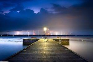 landscape, Pier, Lightning, Clouds, Ontario, Canada