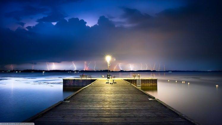 landscape, Pier, Lightning, Clouds, Ontario, Canada HD Wallpaper Desktop Background