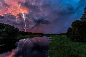 nature, Landscape, Water, Reflection, Clouds, River, Storm, Lightning, Sunset, Trees, Forest, Grass, Florida, USA