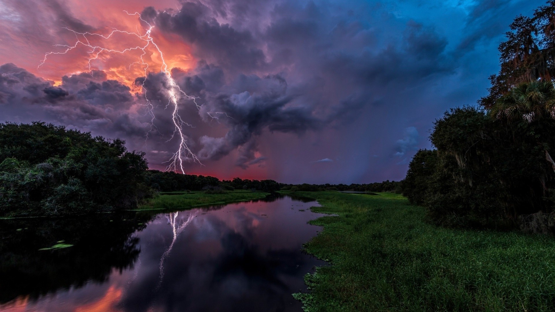 nature, Landscape, Water, Reflection, Clouds, River, Storm, Lightning, Sunset, Trees, Forest, Grass, Florida, USA Wallpaper