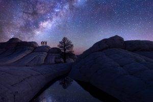 nature, Landscape, Water, Clouds, Night, Stars, Milky Way, Rock, Trees, Men, Silhouette