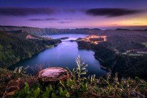 nature, Landscape, Sunset, Lake, Forest, Azores, Portugal, Island, Lights, Water, Leaves, Road
