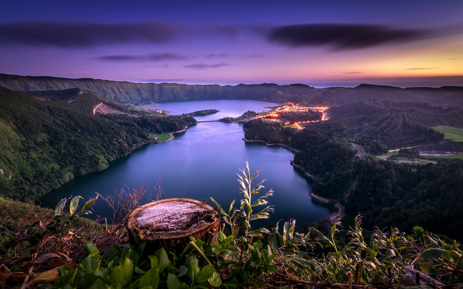 nature, Landscape, Sunset, Lake, Forest, Azores, Portugal, Island, Lights, Water, Leaves, Road Wallpaper