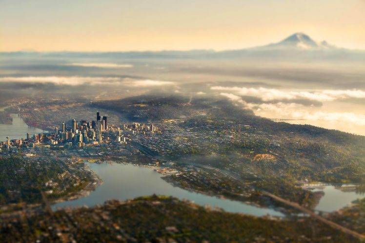 landscape, Nature, Tilt Shift, City, Seattle, Mount Rainier, Clouds HD Wallpaper Desktop Background