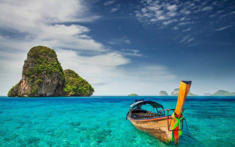 landscape, Railay Beach, Nature, Thailand, Cliff, Limestone, Island, Boat, Tropical, Sea, Turquoise, Summer, Clouds HD Wallpaper Desktop Background