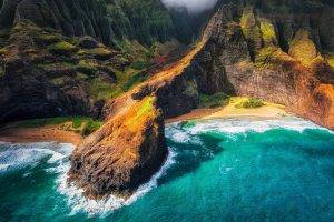 landscape, Nature, Kauai, Hawaii, Beach, Cliff, Sea, Mountain, Coast, Aerial View