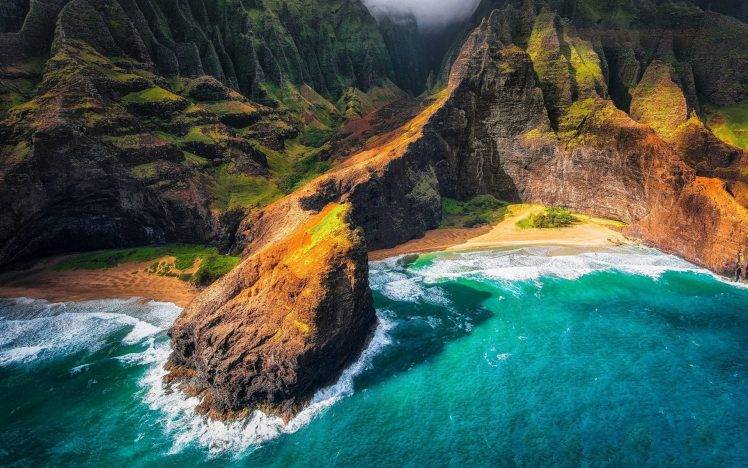 landscape, Nature, Kauai, Hawaii, Beach, Cliff, Sea, Mountain, Coast, Aerial View HD Wallpaper Desktop Background