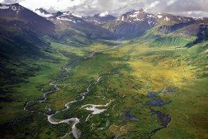 landscape, Nature, Valley, River, Aerial View, Mountain, Alaska, Snowy Peak, Clouds, Green, Spring