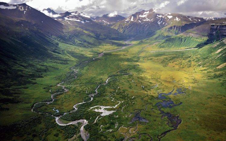 landscape, Nature, Valley, River, Aerial View, Mountain, Alaska, Snowy Peak, Clouds, Green, Spring HD Wallpaper Desktop Background