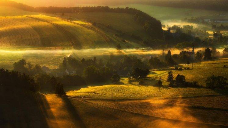 landscape, Nature, Valley, Sunrise, Mist, Morning, Villages, Trees, Field HD Wallpaper Desktop Background