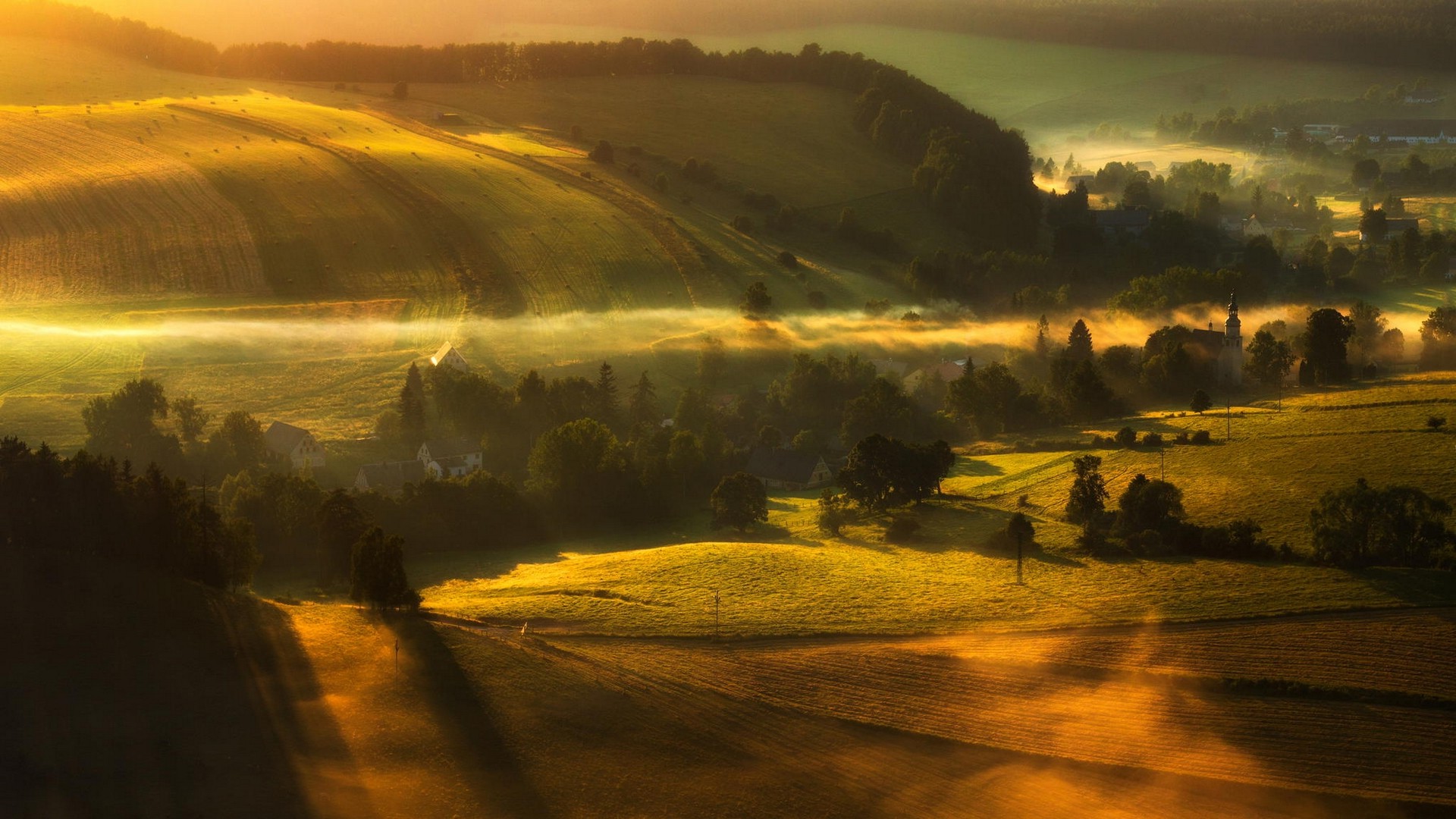 landscape, Nature, Valley, Sunrise, Mist, Morning, Villages, Trees, Field Wallpaper
