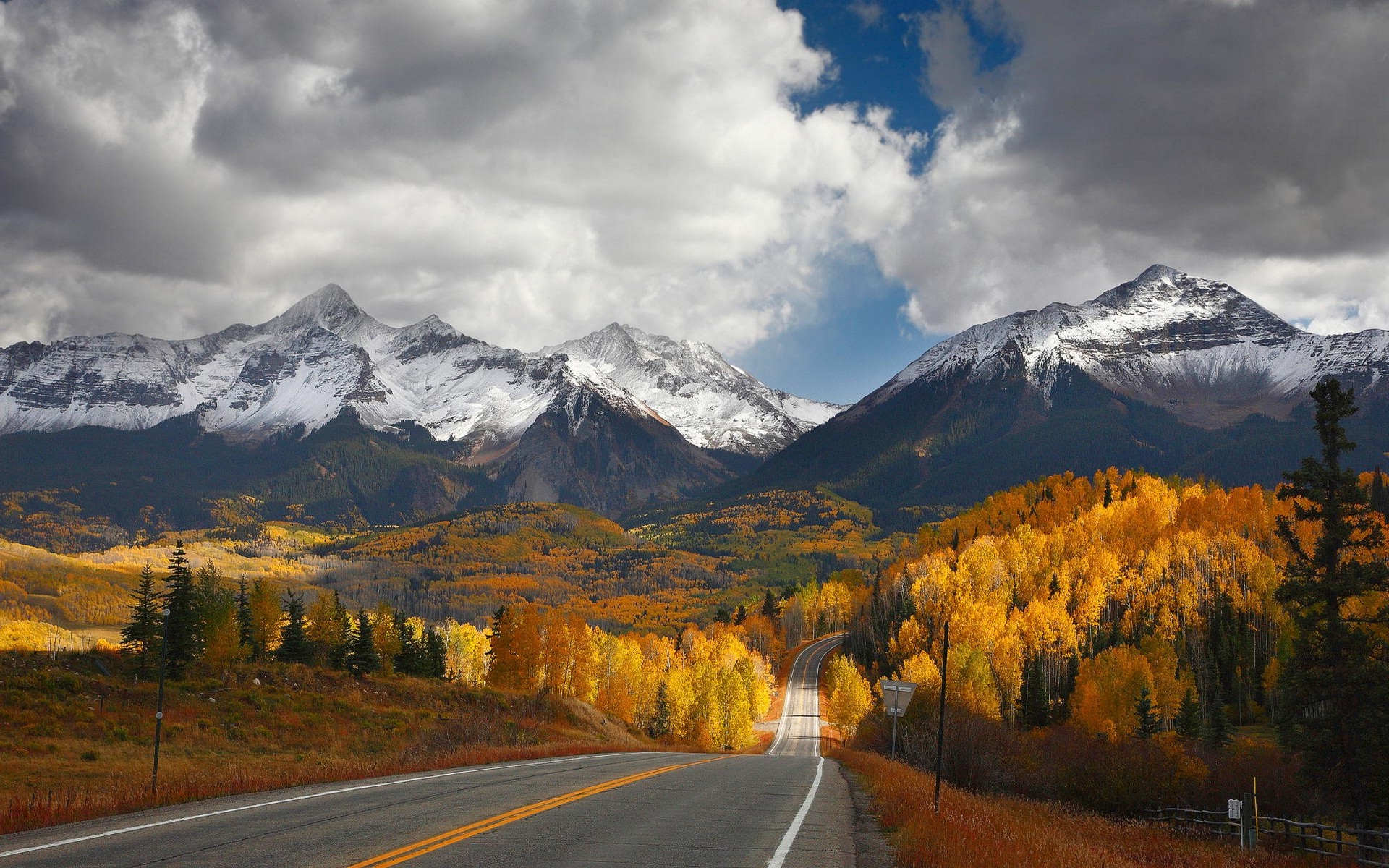 landscape, Nature, Mountain, Road, Forest, Fall, Snowy Peak, Fence, Clouds, Valley Wallpaper