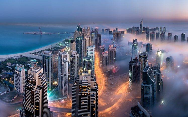 landscape, Nature, Skyscraper, Lights, Building, Mist, Sunrise, Dubai, Sea, Bay HD Wallpaper Desktop Background