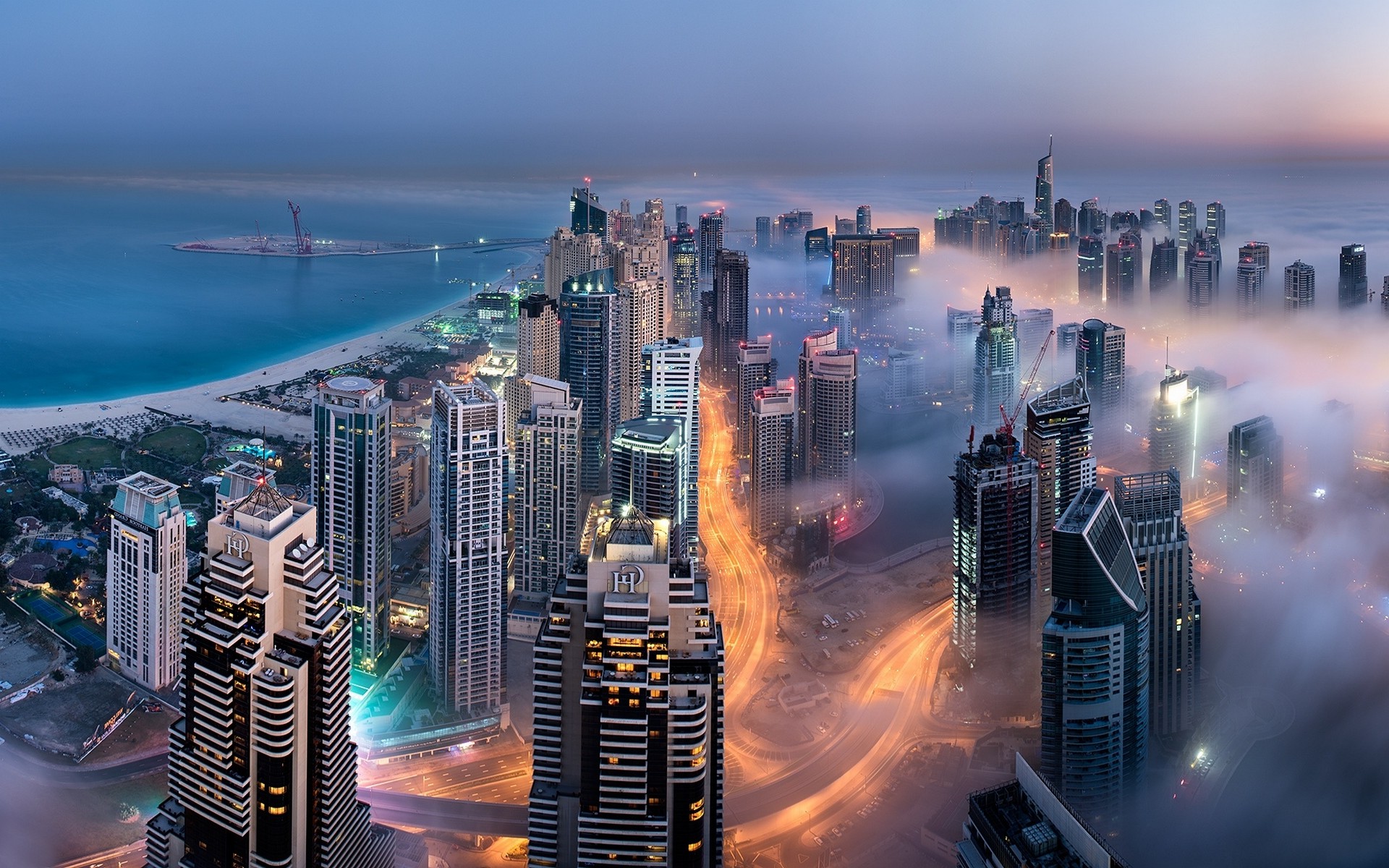 landscape, Nature, Skyscraper, Lights, Building, Mist, Sunrise, Dubai, Sea, Bay Wallpaper