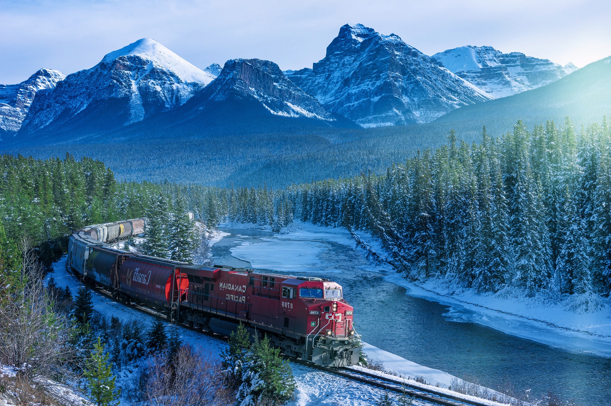 214060 train Canada landscape mountain trees snow snowy_peak forest railway river ice Rocky_Mountains