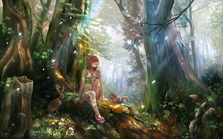 anime Girls, Forest, Nature, Fantasy Art, Forest Clearing, Elves, Redhead, Original Characters HD Wallpaper Desktop Background