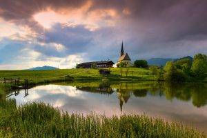 nature, Landscape, Reflection, Temple, Germany, Lake, Trees, Clouds, Grass, Road