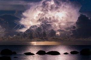nature, Landscape, Lightning, Sea, Clouds, Storm, Night, Rock, Water